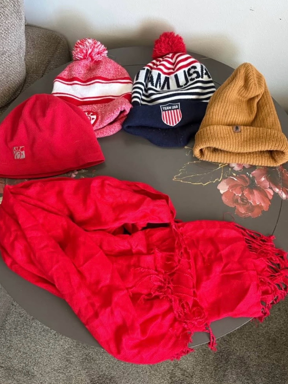 Red Scarf with Assorted Beanie Bundle - Red, Pink, Navy & Mustard